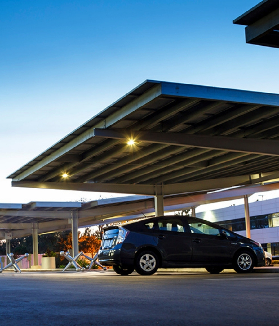 Solar panel canopy over Wedgewood Homes headquarters parking lot in Redondo Beach, California